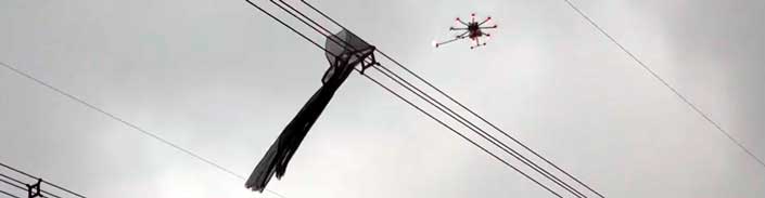 Un drone con lanzallamas para eliminar una red del tendido eléctrico