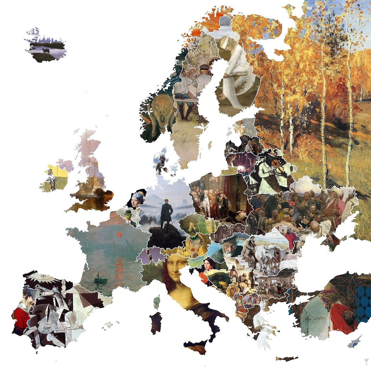 Mapa de Europa con el cuadro más conocido de cada país
