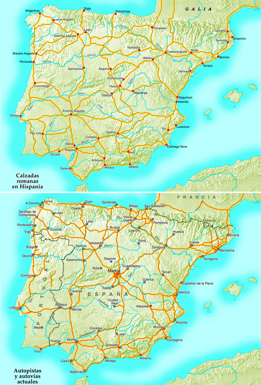 Mapa de España con las calzadas romanas comparadas con las actuales autopistas y autovías
