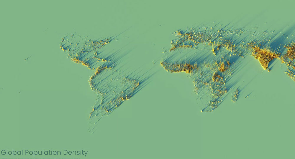 Mapa con la visualización en 3D de la densidad de población mundial
