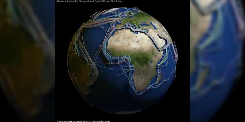 Recreación en un modelo 3D de la Tierra de los cables submarinos de internet