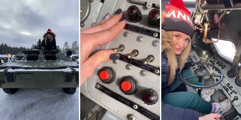 Una influencer ucraniana enseña como arrancar y conducir un blindado ruso