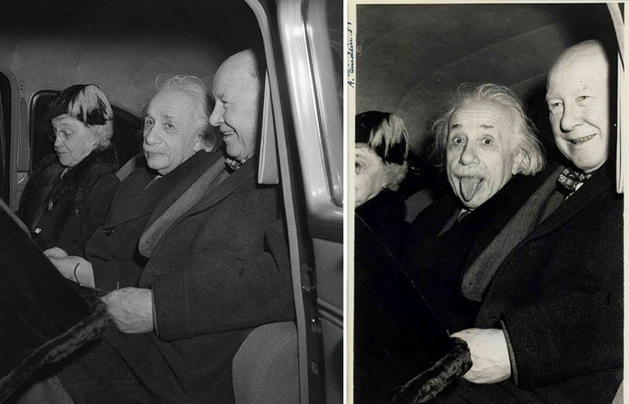 El momento antes de la conocida fotografía de Einstein sacando la lengua