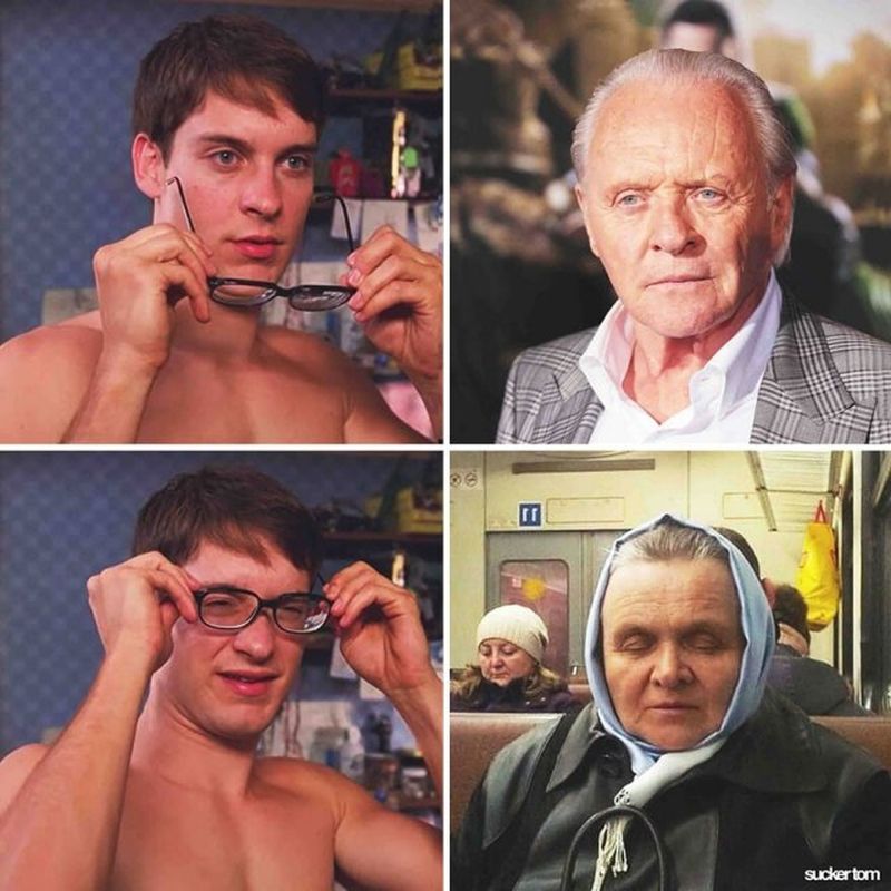 Memes de Tobey Maguire poniéndose las gafas