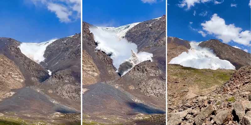 Turistas graban el impresionante derrumbe del glaciar en Kirguistán y casi no lo cuentan
