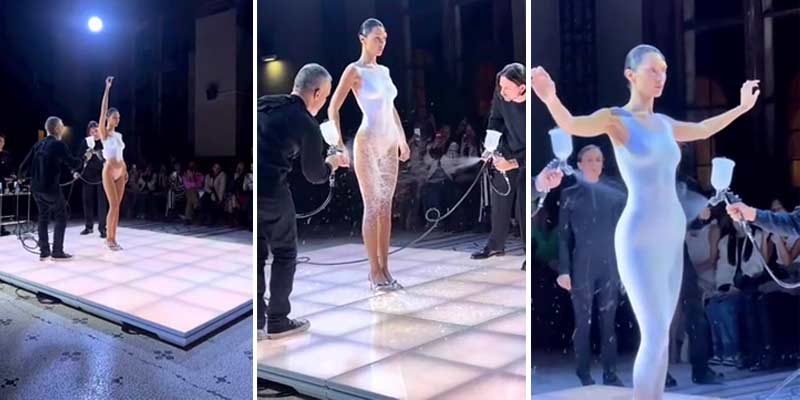 Fabrican un vestido pintándolo con spray en vivo en un desfile de moda