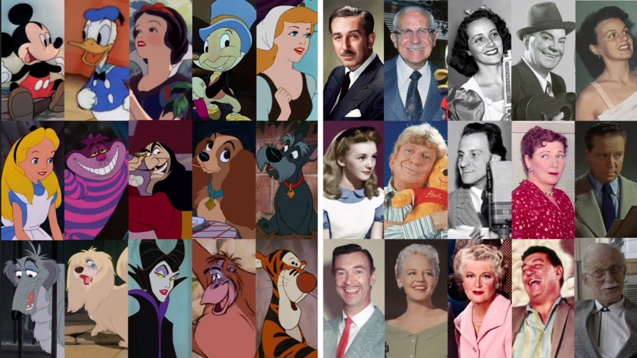 Los personajes originales de Disney junto al actor que le ponía la voz