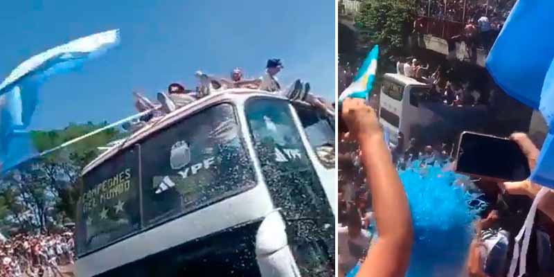 Dos aficionados argentinos se tiran desde un puente al autobús de la selección y uno cae fuera