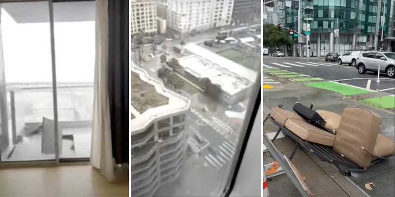Un sofá sale volando desde un balcón del piso 21 en San Francisco por fuertes vientos