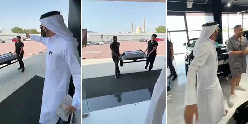 Un emiratí en un concesionario de coches de lujo demostrando que tiene dinero para 100 vidas