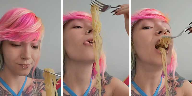 Vamos a ver comer espaguetis a esta chica que tiene lengua bífida