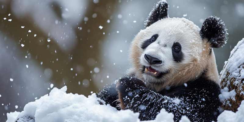 Osos panda jugando con la nieve en el zoo