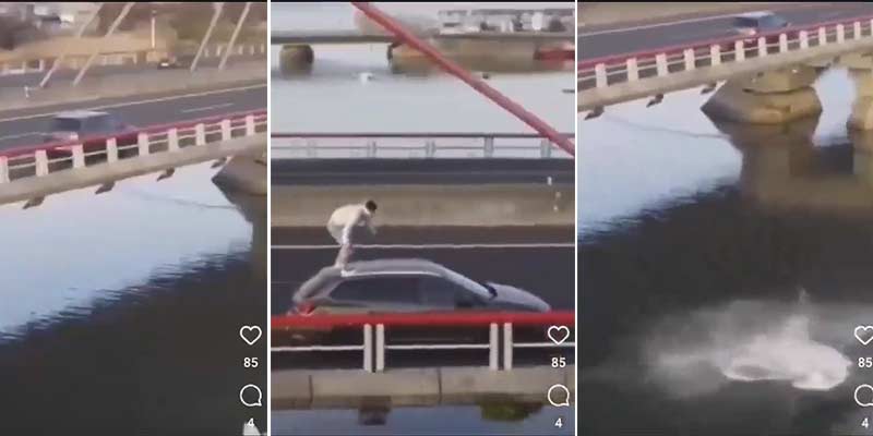 Un joven se lanza desde el techo de un coche en marcha hacia el río en un puente de Cantabria