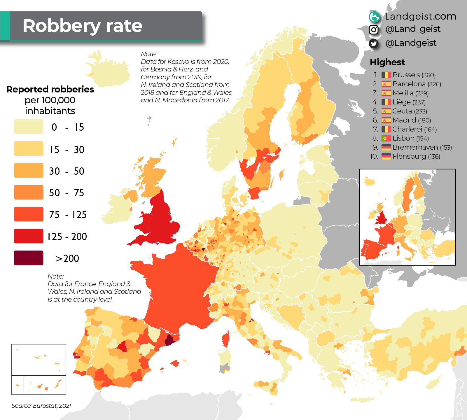 Tasa de robos por cada 100.000 personas en Europa
