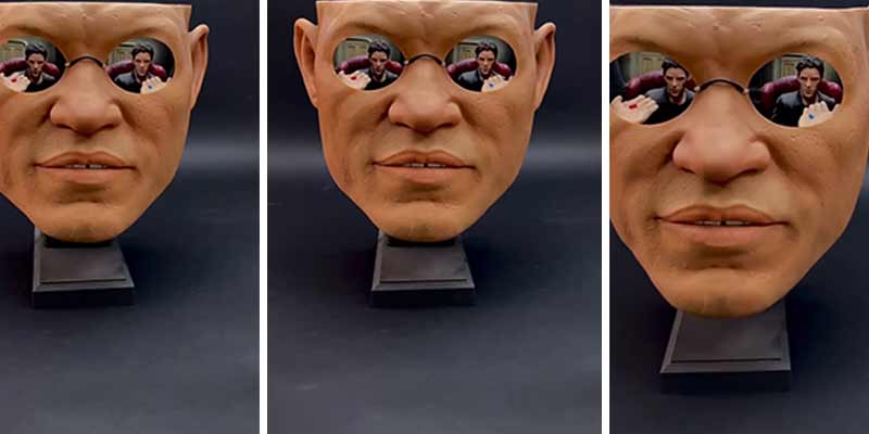 Currazo impresionante de este busto de Morfeo de Matrix con Neo reflejado en las gafas